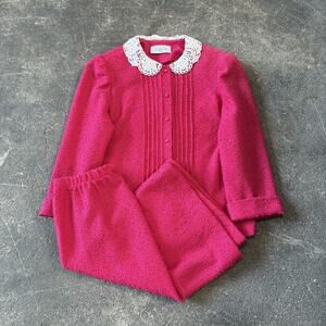 Vintage Leslie Fay Petites Pantsuit Womens Medium Textured Lace Collar 80s Set